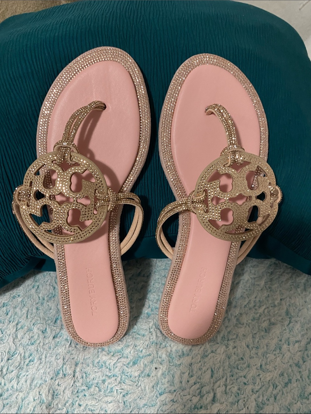 Tory Burch Pink Sandals with Gold Logo Medallions